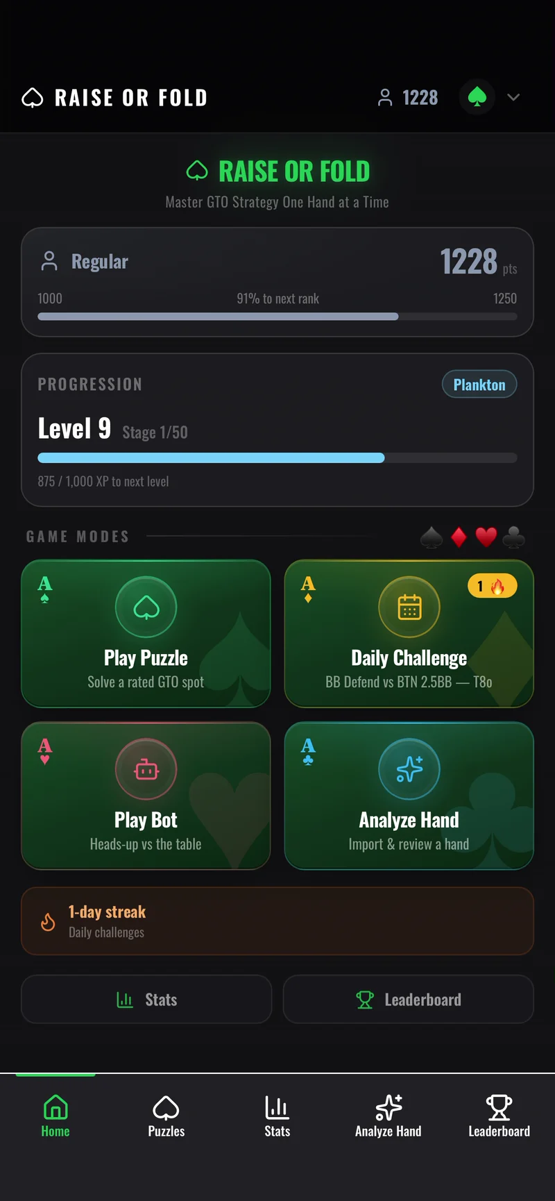 Raise or Fold home screen showing rank, level progress and the Play Puzzle, Daily Challenge, Play Bot and Analyze Hand modes.