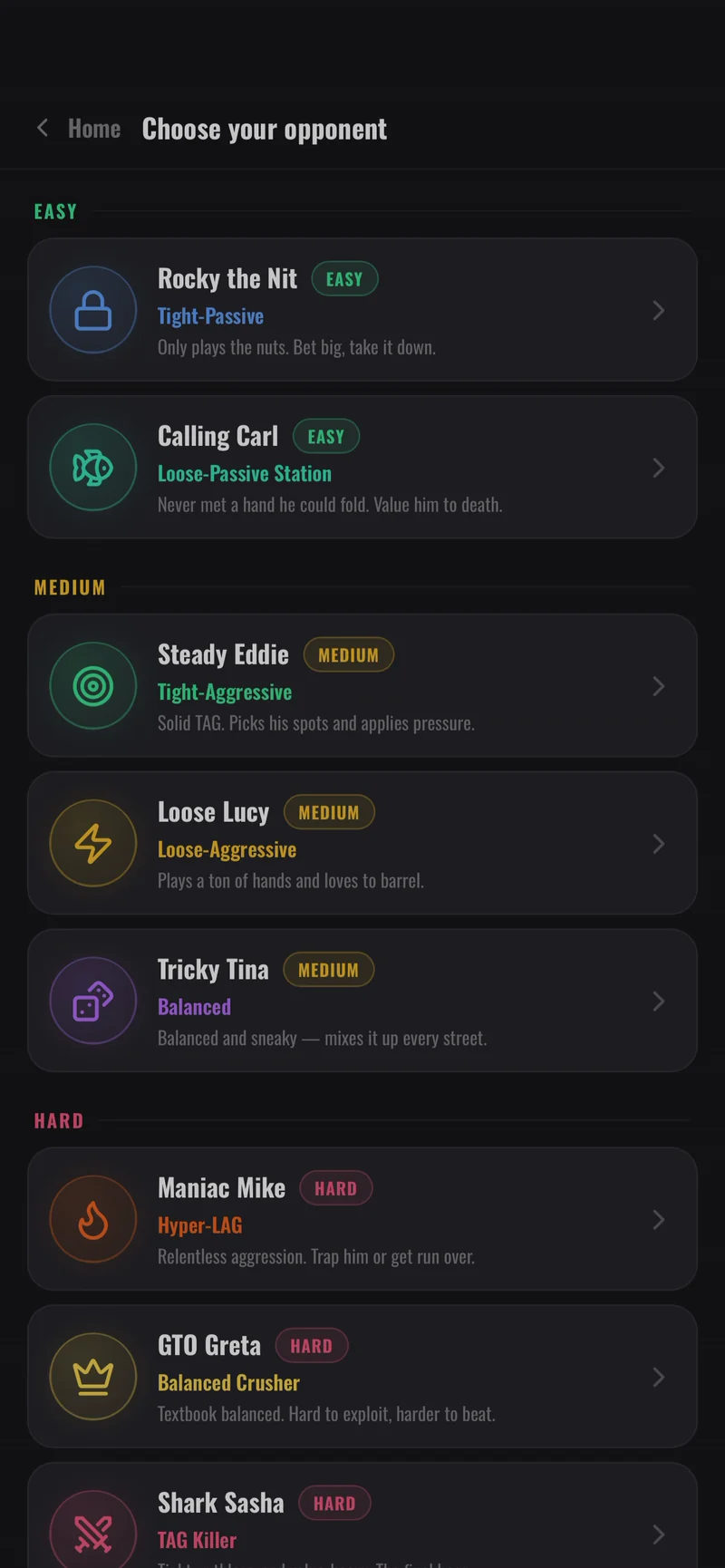 Choose your opponent screen listing eight heads-up bots across easy, medium and hard difficulty.