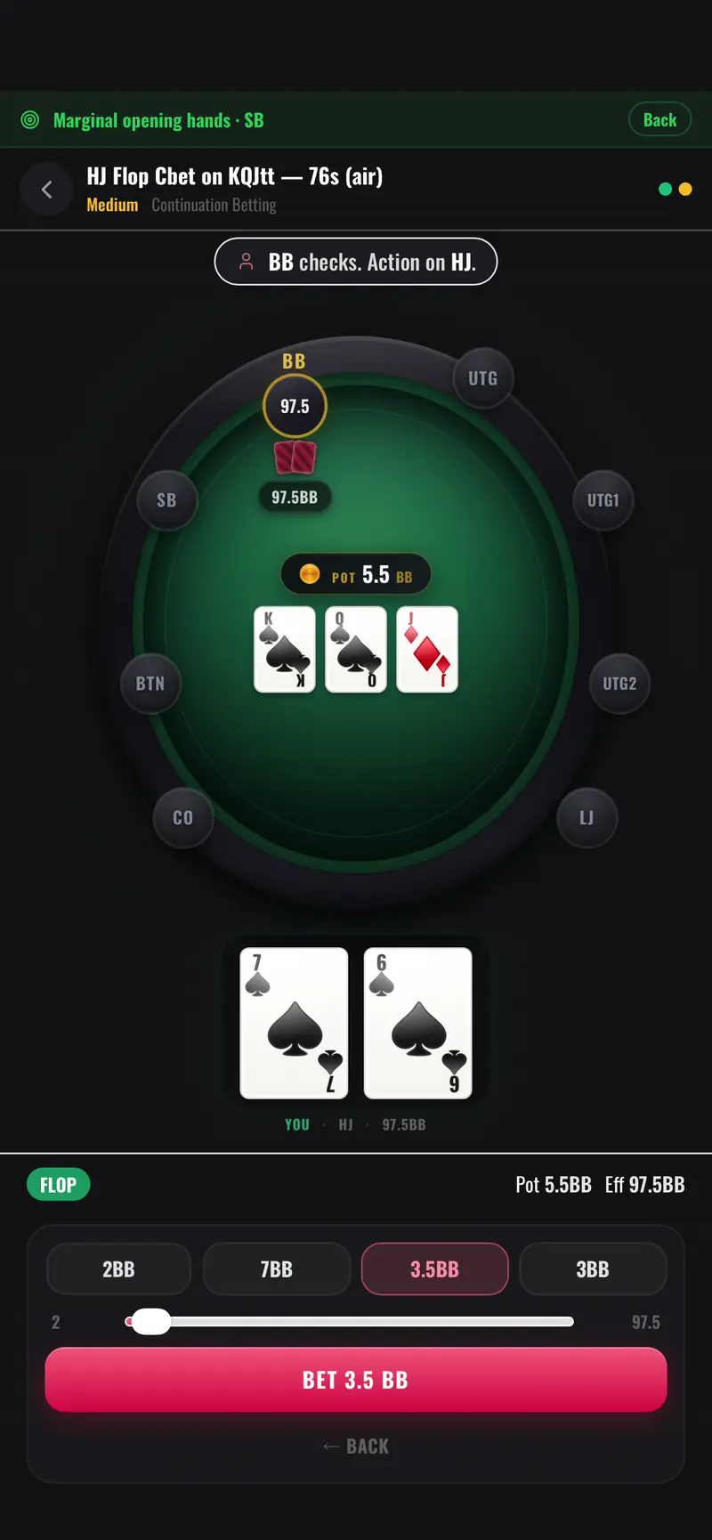A practice puzzle reached from a flagged leak, labelled Marginal opening hands, with sizing options.