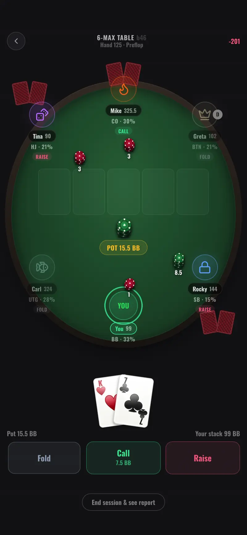A 6-max table in Raise or Fold: five named bot opponents, a 15.5 BB pot, and fold, call and raise buttons.